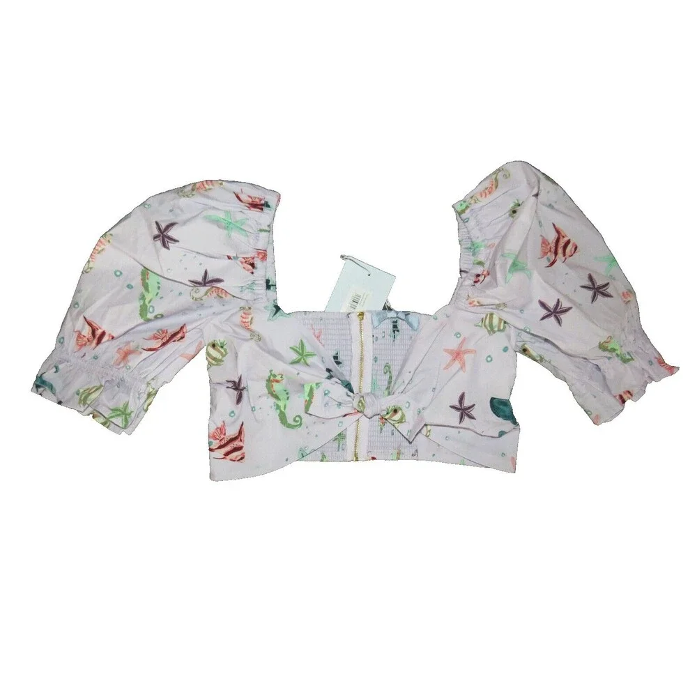 Hill House Women's The Isabella Top Sea Creatures Tie Front Smocked Back Size M